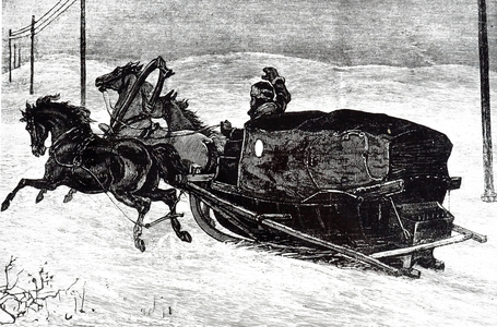 An engraving depicting a sledge drawn by horses in Siberia. The vehicle belonged to the New York Herald and was part of the expedition sent to the relief of the steam yacht Jeanette, 19th century