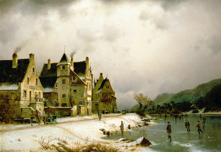 A Winter River Landscape with Figures Skating on the Ice by a Village (oil on canvas)