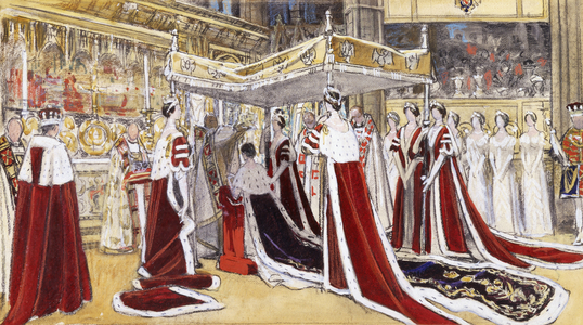 The Crowning of H.M. Queen Elizabeth, 1937 (charcoal, coloured chalk and watercolour on beige paper)