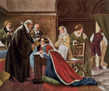 Electress Elisabeth takes communion according to the Protestant rite (enhanced colour litho)