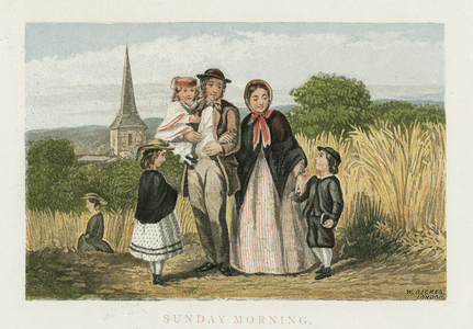  'Sunday Morning' Agricultural labourer and family returning home from church. Chromolithograph c1880.