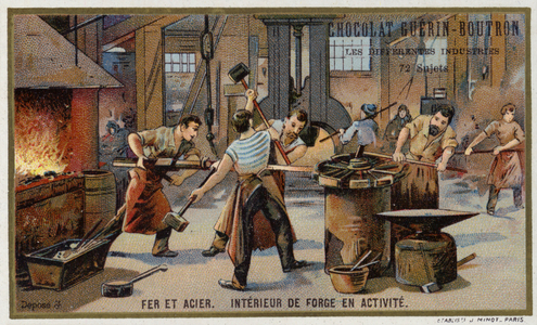 Iron and steel. Interior of a busy smithy (chromolitho)