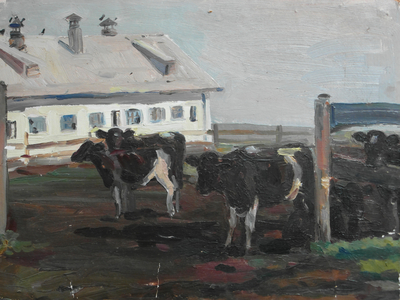 Calves at the Collective Farm, 1966 (oil on card)