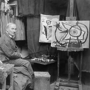 Joan Miro in Michel Sima's workshop and studio complex La Ruche, Paris, c.1950 (b/w photo)