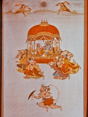 Rama and Sita in the Char Pushpaka, c.1750-99 (gouache & gold on paper)