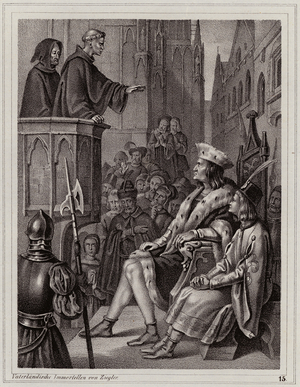 John of Capistrano preaching against the Hussites, 15th Century (engraving)