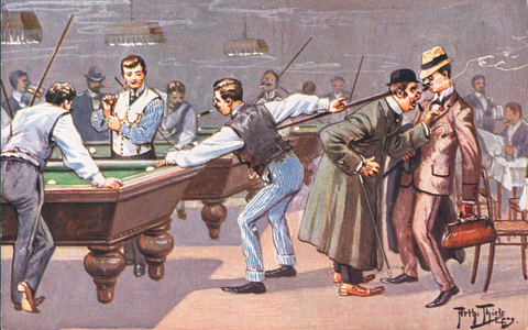 Playing billiards (colour litho)