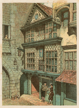 The International Health Exhibition at South Kensington, 1884: the old London street (colour litho)