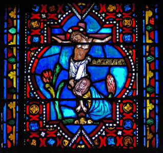 Window n1-L depicting a scene from the life of St Mary Magdalene - the saint at the foot of the Cross (stained glass)