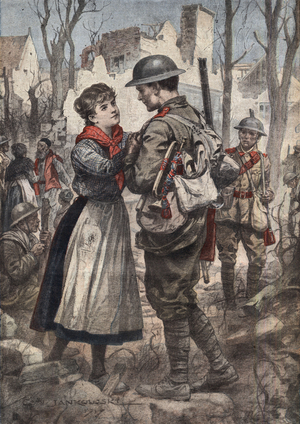 A British soldier is greeted by a young French woman, delighted that her village has been recaptured from the Germans, illustration from french newspaper "Le Petit Journal", november 4, 1917
