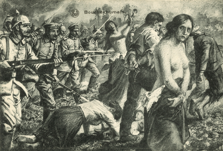 German soldiers using Belgian people as human shields during the First World War, French propaganda postcard (litho)