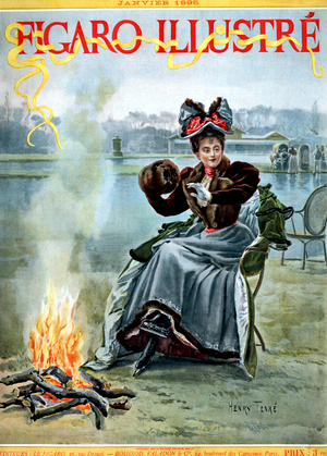 Young woman warming her hands, France, 1897 (print)