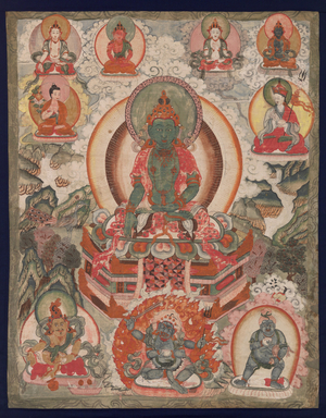 The Tathagata Buddha Akshobhya with the Spirits of the North, South, East and West, 18th-19th century (Thangka: colours on cloth, cloth mountings)
