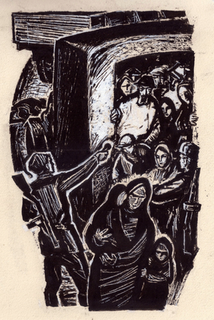 Illustration from "Unforgettable Days" by Mikhail Lynkov, 1968 (gouache on paper)