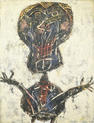 Bertele as a Blossoming Bouquet, Sideshow Portrait; Bertele bouquet fleuri, portrait de parade, 1947 (oil and sand on canvas)