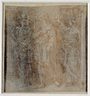 Aeneas escorted by Dido, study for the border scene (3rd compartment left) of the 'Quos ego', 1516 (pen & brown ink on paper) (recto of 3957027)
