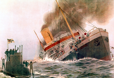 torpedoing of british liner Falaba by german submarine in canal Saint Georges march 28, 1915 , engraving
