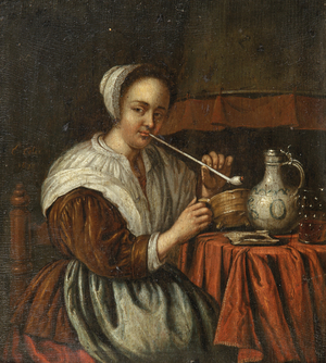 A woman smoking a pipe at a table (oil on panel)
