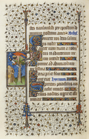 Ms 62 f.132v Winged figure in a treetop with book pierced by a sword, from the 'Hours of the Holy Spirit' by Guillaume de Deguilleville’s 1350, 1417 (ink & gold leaf on parchment)