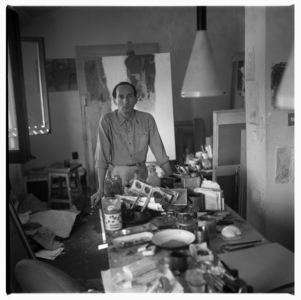 Portrait of Eugenio Carmi in his studio, possibly Rome, Italy, mid 1960's (b/w photo)