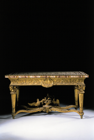 One of a pair of Roman giltwood side tables with ormolu-bordered mosaic tops, c.1773 (giltwood, mosaic & ormolu)