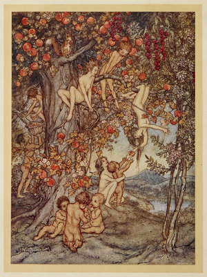 Children playing in an apple tree and eating and picking apples from The Paradise of Children.