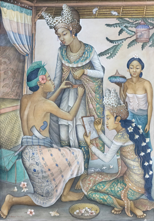 Arja dancers preparing for a performance, c.1960 (oil on canvas)