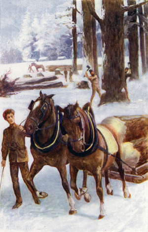 "Some engaged in felling trees, others with horses dragging the trunks, placed on sleighs, over the hard snow" (colour litho)