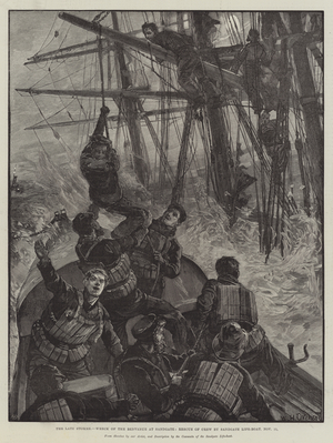 The late Storms, Wreck of the Benvenue at Sandgate, Rescue of Crew by Sandgate Life-Boat, 11 November (engraving)