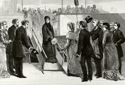 Eugenie de Montijo (1826-1920) arrives to England from South Africa where his only son was killed in a skirmish with a group of Zulus (1879) (engraving)
