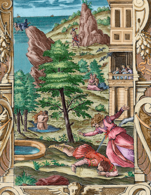 Metamorphoses 2-8 AD. Book IV. Death of Pyramus and Thisbe. By Ovid (Publius Ovidius Naso) (43 BC-17 AD) (coloured engraving)