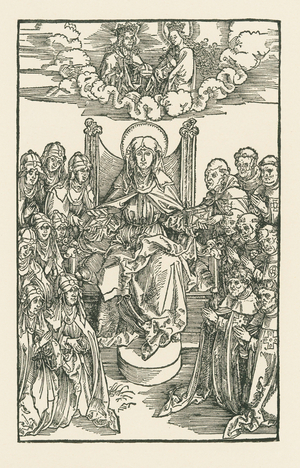Birgitta surrounded by nuns and monks, 1500 (woodcut)