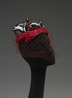 Hat (Skunks) (plastic, leather, wool, cotton, metal, paint)