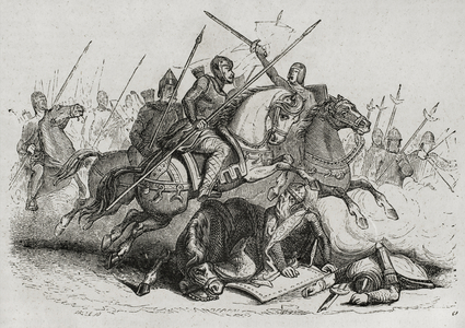 Death of Visigothic king Theodoric I during the battle of the Catalaunian Plains in 451 AD, by Vallejo, 19th century (engraving)