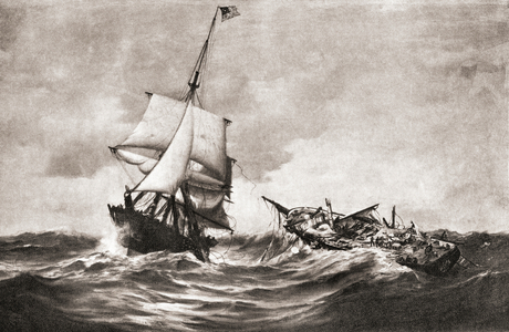 The capture of HMS Frolic by the sloop-of-war USS Wasp, a naval action fought in the Atlantic on 18 October 1812, during The War of 1812, from 'The History of Our Country', published 1905 (litho)