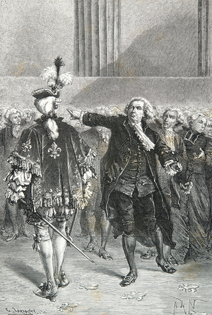 Mirabeau exclaims "Allez dire a ceux qui vous envoyent que nous sommes ici par la volonte du peuple et que nous n'en sortirons que par la force des baionnettes", 1789 (Engraving)