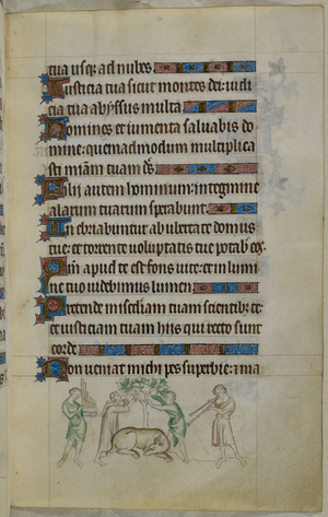 Bas-de-page scene of two musicians lulling an aspis to sleep with music, while two others steal balm from the tree which the aspis was guarding