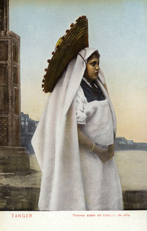Arab woman in local costume, Tangier (coloured photo)