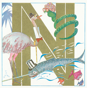 N: nandou, naja, narwhal, bow tie, c.1930 (lithograph)