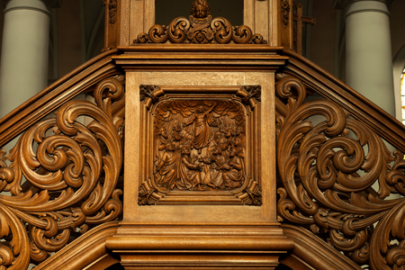 Church (Kerk Onze-Lieve-Vrouw Geboorte). Interior. The pulpit.