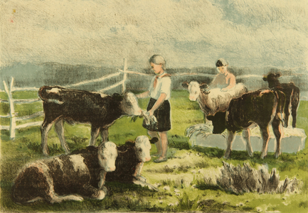 Feeding the Calves in the Kolkhoz, 1956 (colour litho)