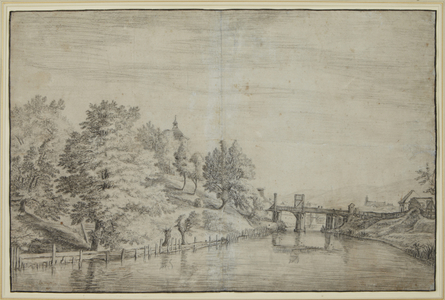 River Landscape with a Bridge and Town Beyond (black chalk & grey wash on paper)