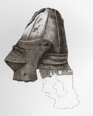 Fourteenth century Visored Bassinet, almost globose, with Camailie attached, from Warwick Castle.  From The British Army: Its Origins, Progress and Equipment, published 1868.