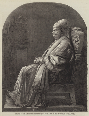 Statue of Sir Jamsetjee Jeejeebhoy, to be placed in the Townhall of Calcutta (engraving)