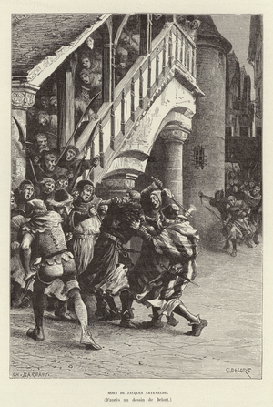 Mort de Jacques Artevelde. Death of Flemish merchant and political leader Jacob van Artevelde at the hands of a mob, Ghent, 1345 (engraving)