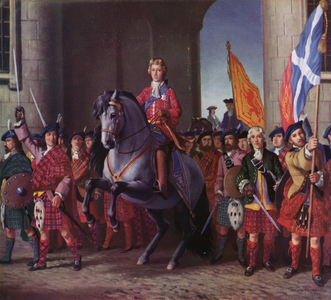 Prince Charles Edward enters Edinburgh 1745 (colour litho)