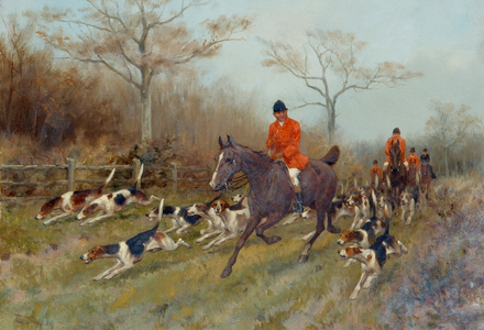 Huntsmen and Hounds in a Wooded Landscape, 1885 (oil on canvas)