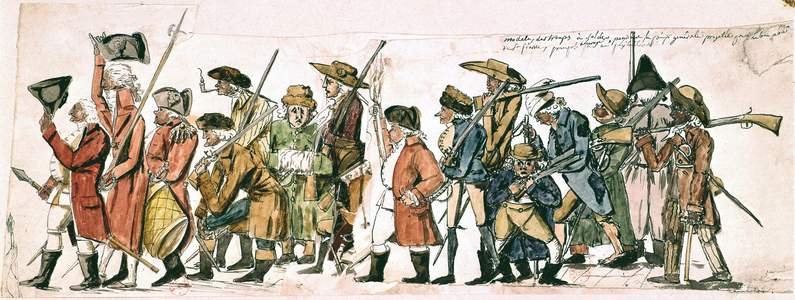 Paid men to be soldiers, 1788, France, drawing