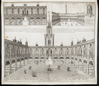 View of the Inside of the Royal Exchange as it now is, 1712, with the North side, and an inside view as before the Fire of London (engraving)