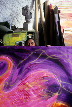 Jean Messagier (1920-1999) french painter here in his workshop in august 1986 (photo)